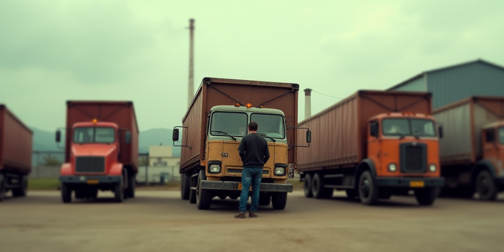 a factory with several trucks parked in the lot and a man standing in the back of the truck looking