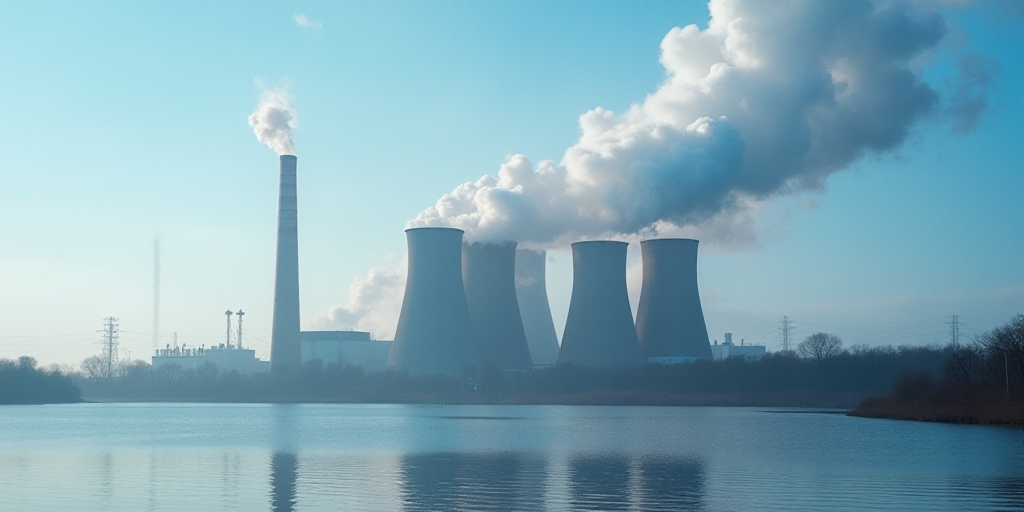 a factory with smoke coming out of it's stacks and cooling water behind it and a blue sky, Andries S