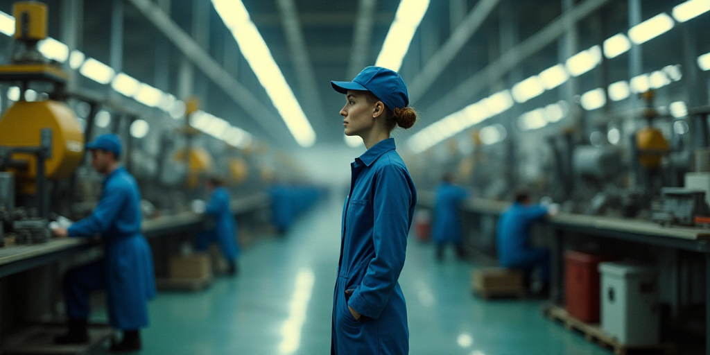a factory with workers and machines in the background and a woman in blue uniform standing in the mi
