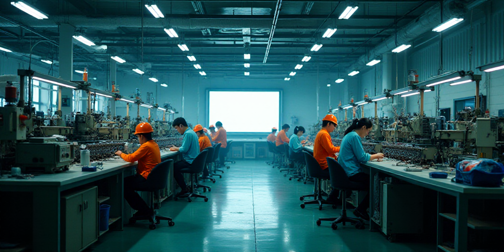 a factory with workers and workers working on machines and machinery in it's factory floor, with ove