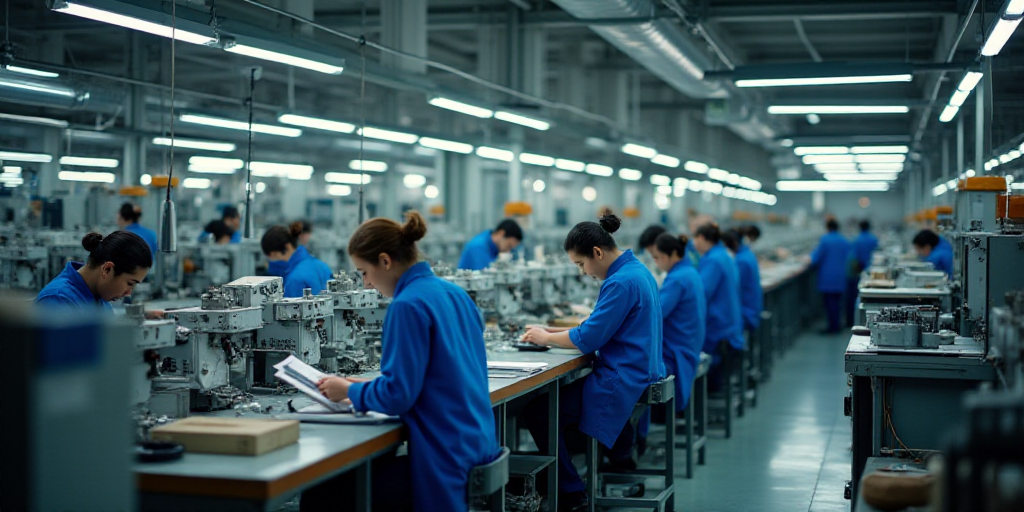 a factory with workers working on machines and other items in it's factory floor area, with workers