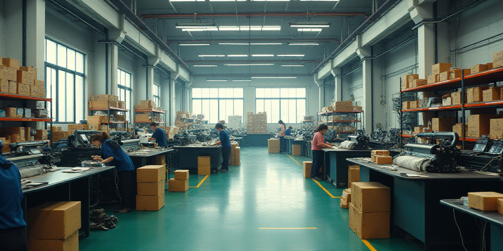 a factory with workers working on machines and a lot of boxes on the floor and shelves full of items