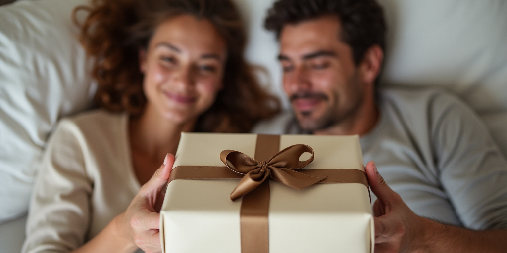 a family is laying in bed with a gift wrapped in brown ribbon and a gift box in the middle, Allen Tu