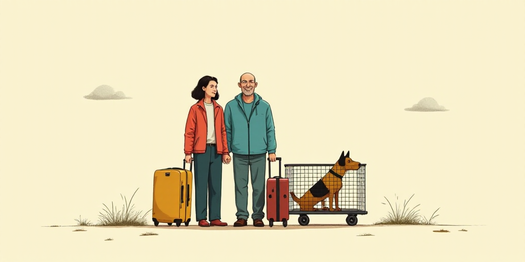 a family with luggage and a dog standing next to each other with a dog in a cage on wheels, Chris Wa