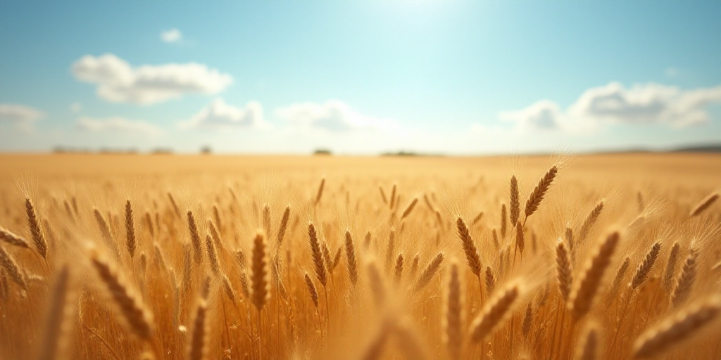 a field of wheat is shown in the sunlight with a blue sky in the background and a few clouds in the