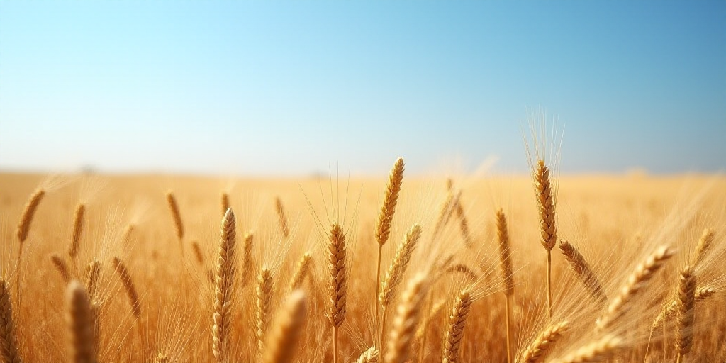 a field of wheat ready to be harvested in the fall or winter time, with a blue sky in the background