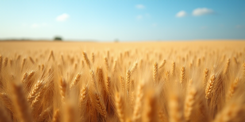 a field of wheat ready to be harvested in the fall or winter time, with a blue sky in the background