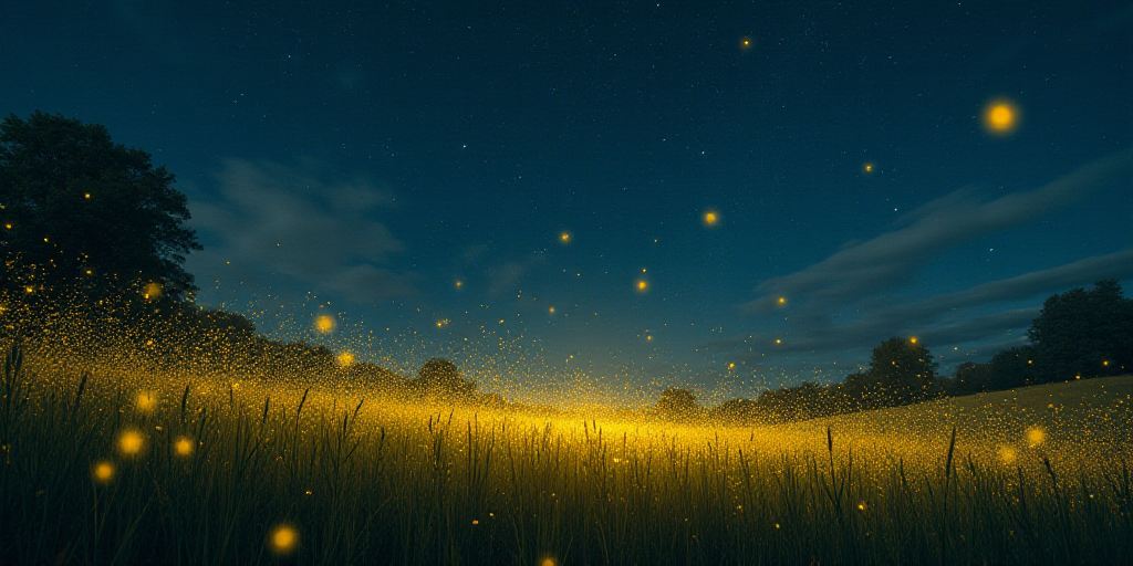 a field with a lot of yellow fireflies flying around it at night time with a sky background full of