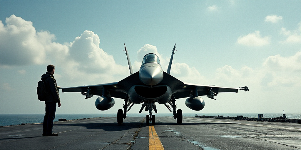 a fighter jet is on the runway of an aircraft carrier with a man standing next to it looking at it,