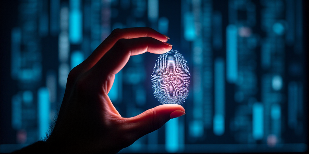 a fingerprint is being held up in front of a futuristic background with a fingerprint on it and a fi