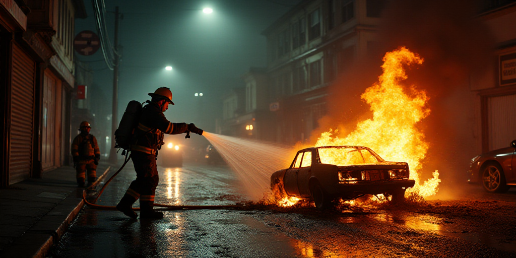 a firefighter hoses water from a hose to a burned car in a city street at night with other fire figh