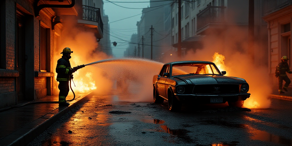 a firefighter hoses water from a hose to a burned car in a city street at night with other fire figh