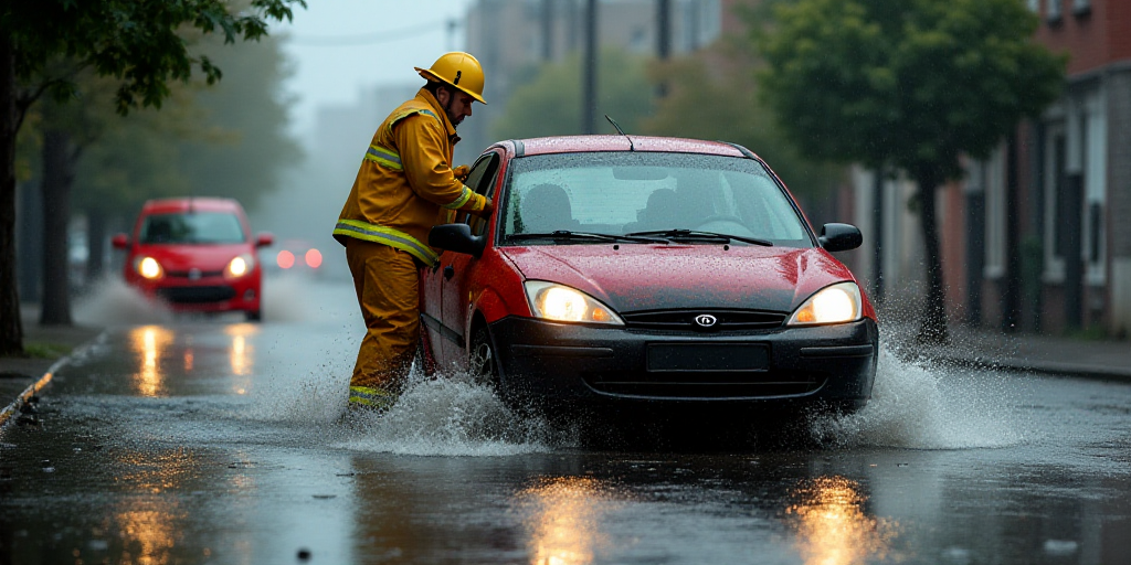 a fireman is working on a car in a flooded street with a red car behind him and another man in a yel