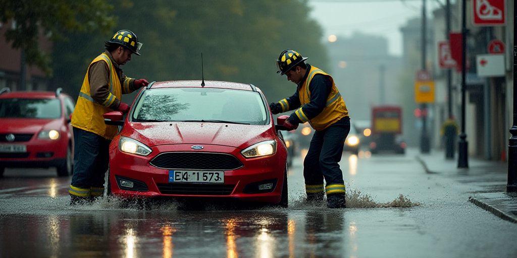 a fireman is working on a car in a flooded street with a red car behind him and another man in a yel