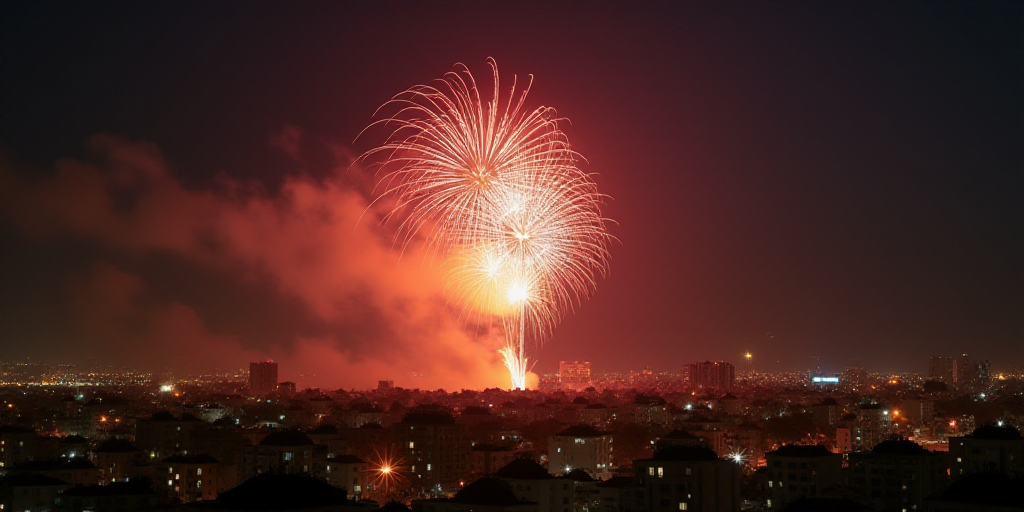 a fireworks is lit up in the night sky above a cityscape and a jet is flying overhead, Aya Goda, exp