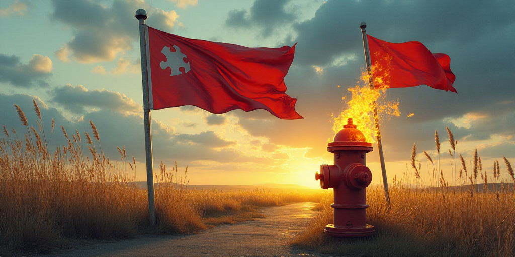 a flag blowing in the wind next to a fire hydrant with a flag on it and a flag on fire, Dahlov Ipcar
