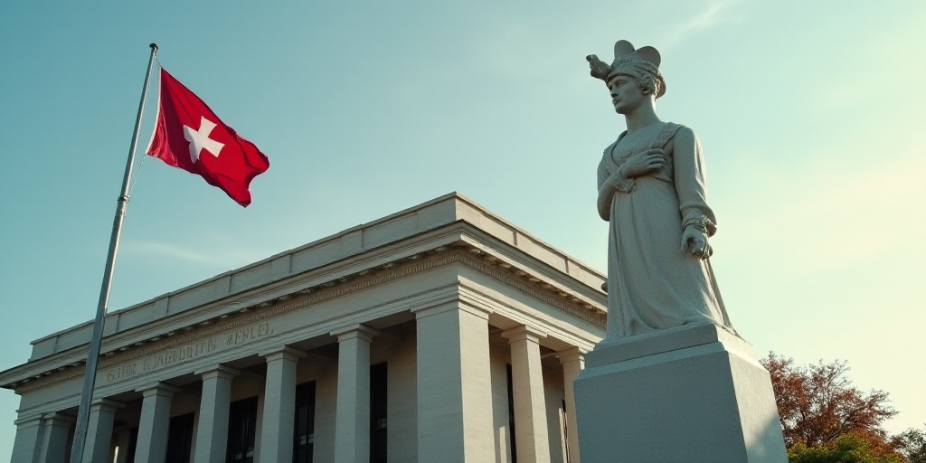 a flag flying in front of a building with a statue of a man on it's side and a flag on top, Dennis A