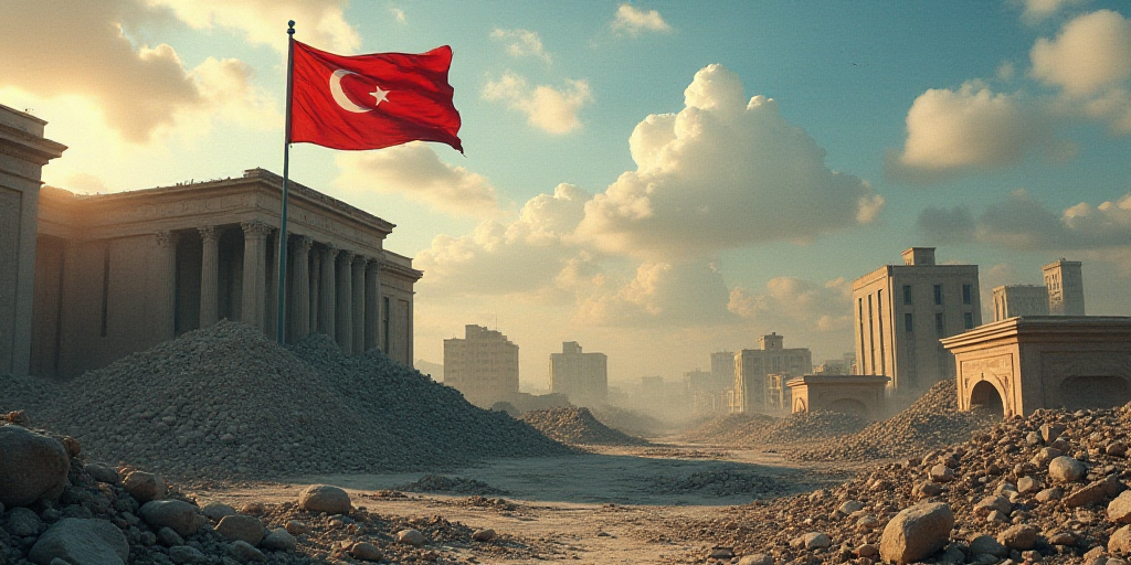 a flag flying in front of a building with a lot of rubble in the background and a few buildings, Aya