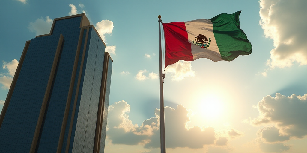 a flag flying in front of a tall building in mexico, with the sun shining through the clouds in the