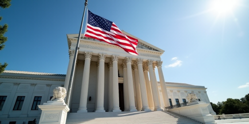 a flag flying in front of the supreme court building in washington, dc, usa, on a sunny day, Anne Ri