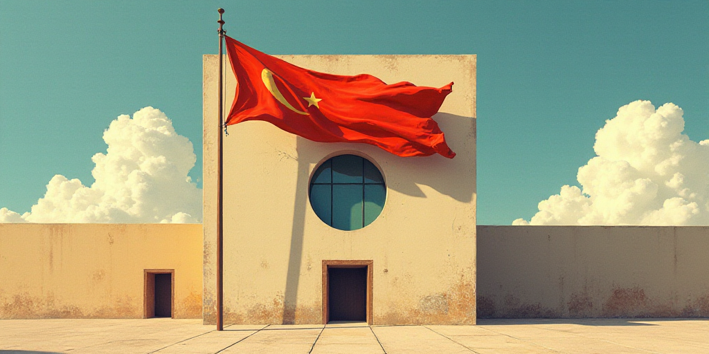 a flag flying in the wind next to a building with a sky background and a circular window in the cent