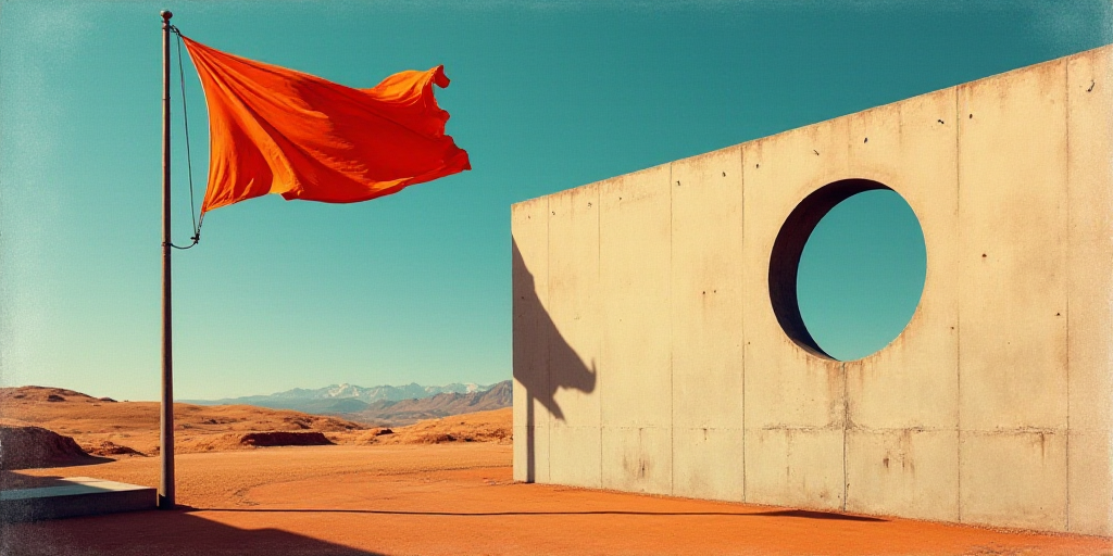 a flag flying in the wind next to a building with a sky background and a circular window in the cent