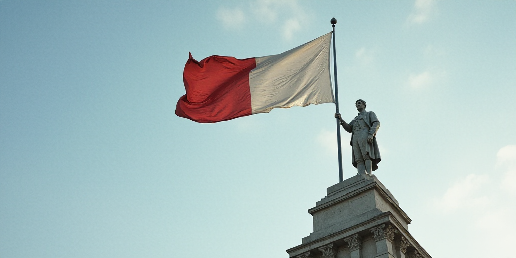 a flag flying on top of a building with a flagpole on top of it and a statue of a man on top of the