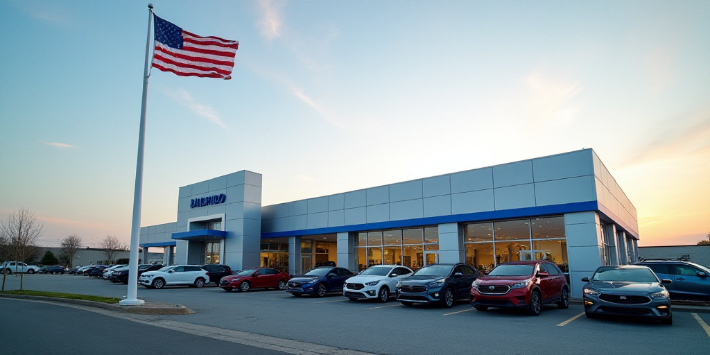 a flag is flying in front of a dealership with cars parked in the lot and a building in the backgrou