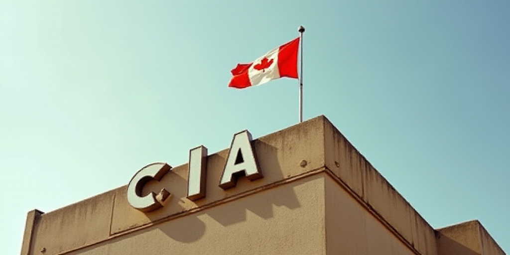 a flag is flying on top of a building with a sign in front of it that says, cia, David Alfaro Siquei