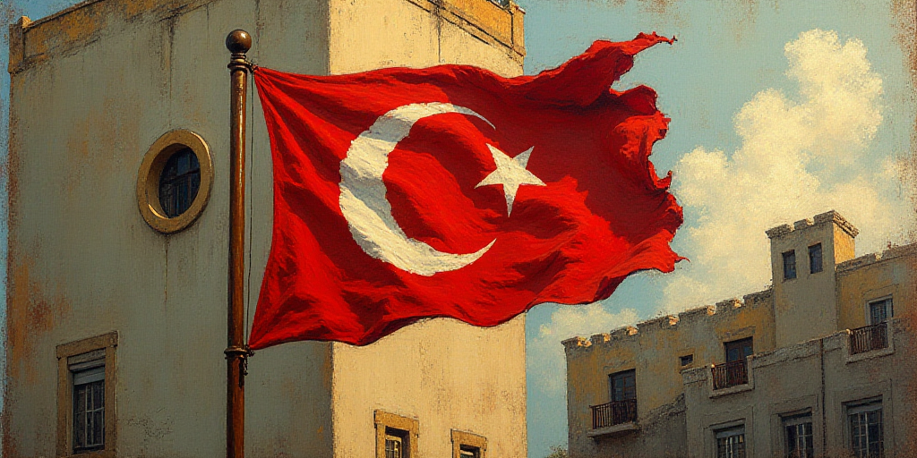 a flag with a crescent on it flying in front of a building with a circular window in the background,