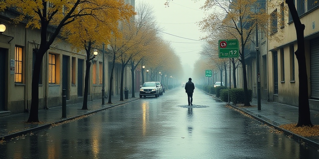 a flooded street with a person walking in the water and a green sign above it that says no parking,