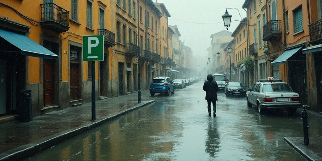 a flooded street with a person walking in the water and a green sign above it that says no parking,
