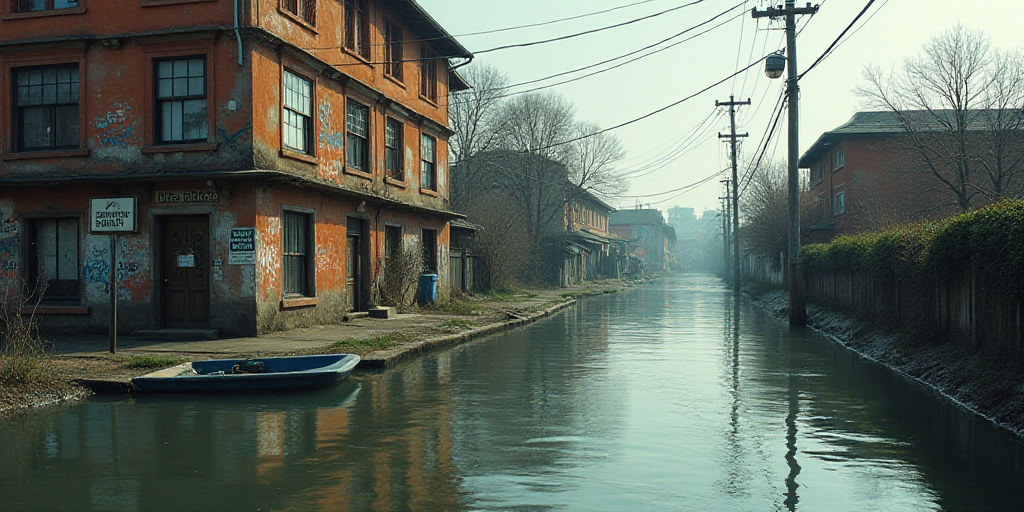 a flooded street with a sign on the side of it and a building in the background with graffiti on it,