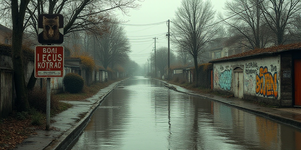 a flooded street with a sign on the side of it and a building in the background with graffiti on it,