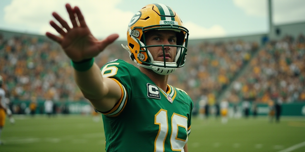 a football player wearing a green uniform and a helmet on the field with his hand out to the crowd,