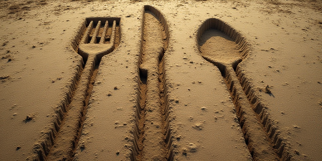 a fork and a knife are drawn in the ground with a fork and knife in it, and a fork and a spoon are d