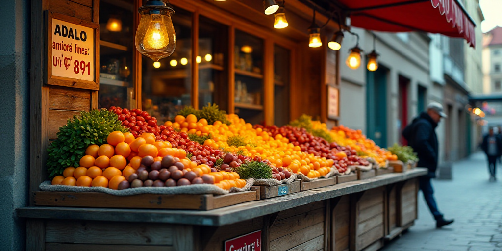 a fruit stand with lots of fruit and signs on it's sides and a man standing in the background, Cefer
