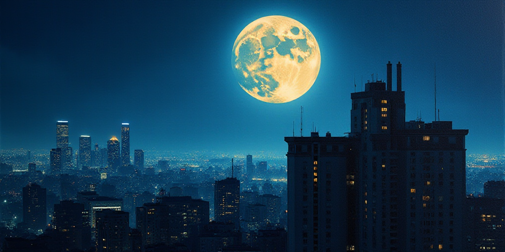 a full moon is seen over a city at night time with a building in the foreground and a building in th