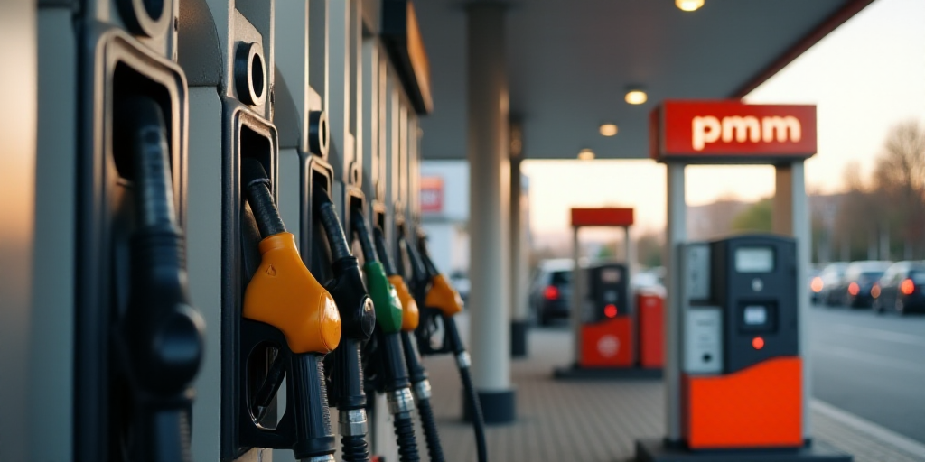 a gas station with a row of gas pumps and a gas pump in the background with a sign that says pmm, Ce