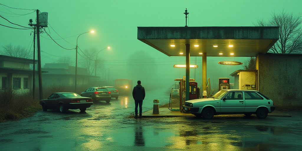 a gas station with cars parked in it and a man standing in the doorway of the station with a gas pum
