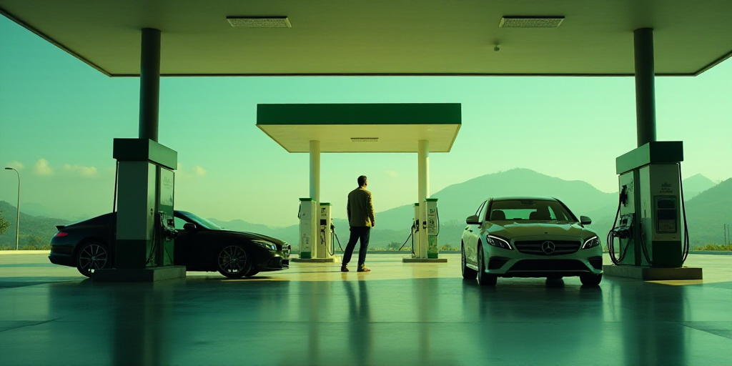 a gas station with cars parked in it and a man standing in the doorway of the station with a gas pum