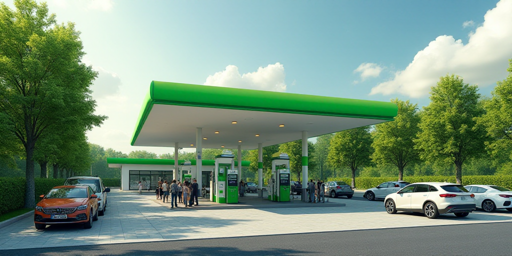 a gas station with cars parked at the gas pumps and people standing around the gas pumps and cars wa