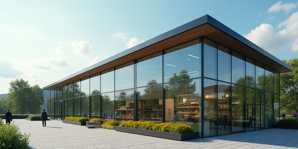 a glass building with a sign on it that says fresh foods in front of it and a sky background, Floren