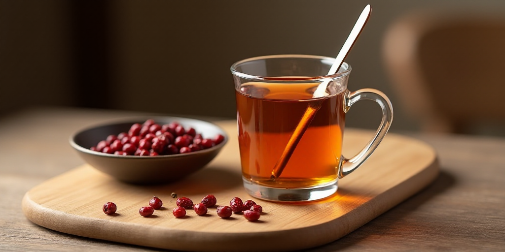 a glass cup of tea with a spoon and a bowl of dried berries next to it on a table, Cao Zhibai, produ