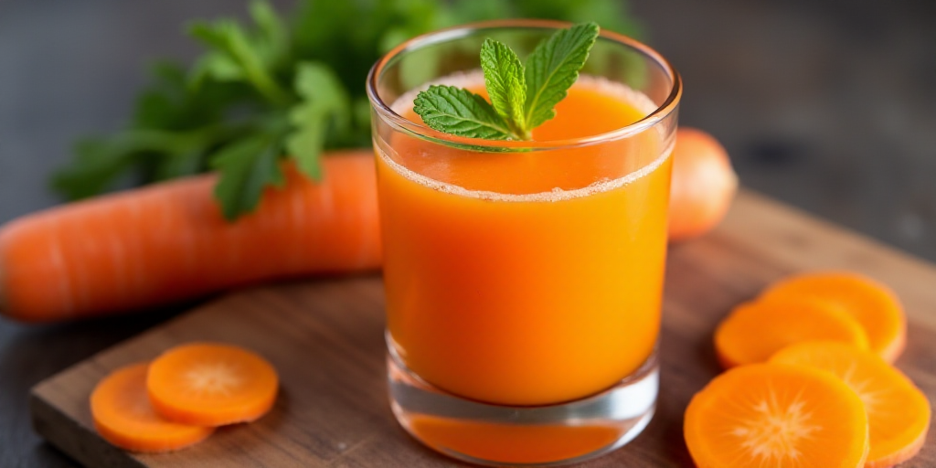 a glass of carrot juice with a mint garnish on top of it and sliced carrots on the side, Évariste V