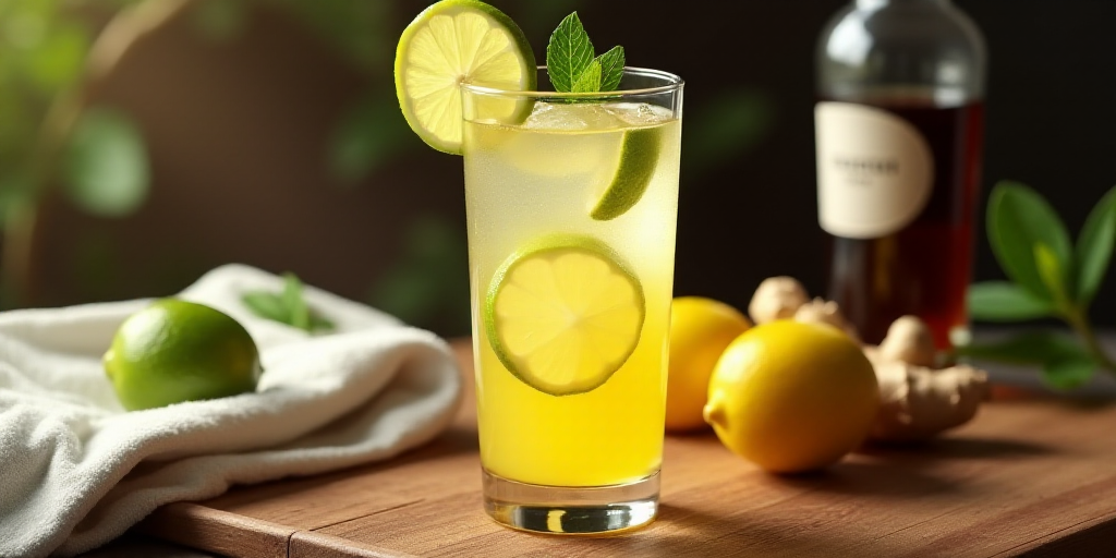 a glass of lemonade with a lime and ginger on a wooden table with a towel and a bottle of gin, Dorot