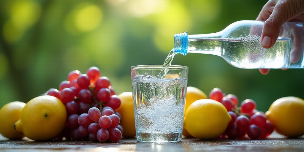 a glass of water being poured into a glass of water surrounded by grapes and lemons, with a bottle o