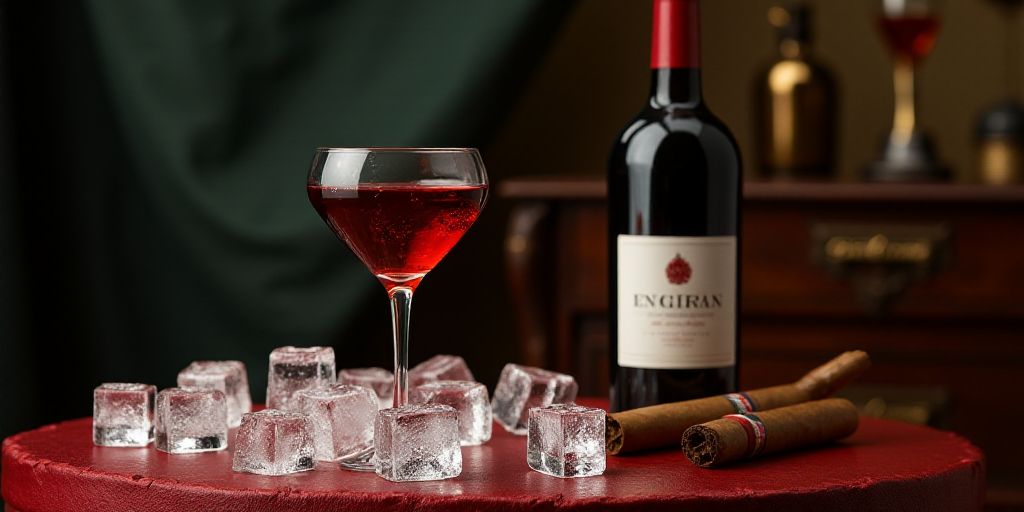 a glass of wine and a cigar on a table with ice cubes and a bottle of wine on it, Enguerrand Quarton