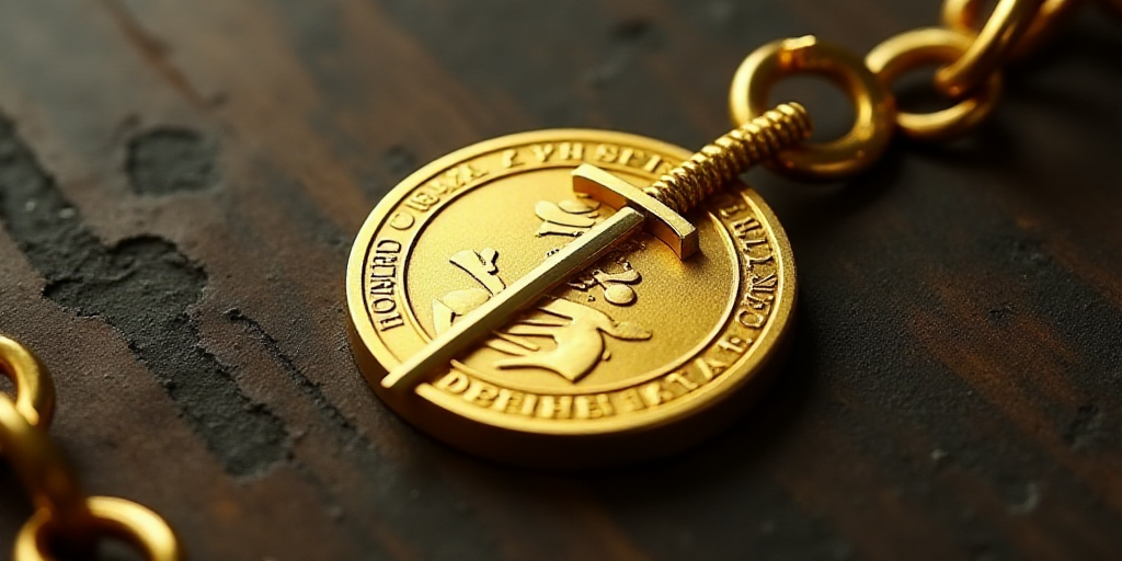a gold coin with a sword on it is on a chain with a chain link around it and a chain around it, Eiic