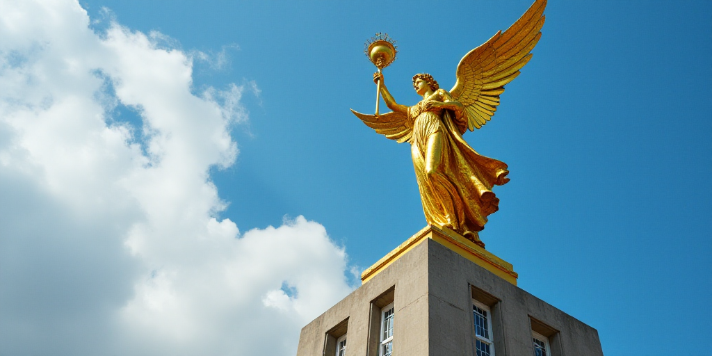 a golden angel statue on top of a tall building with a sky background and a blue sky behind it, Davi